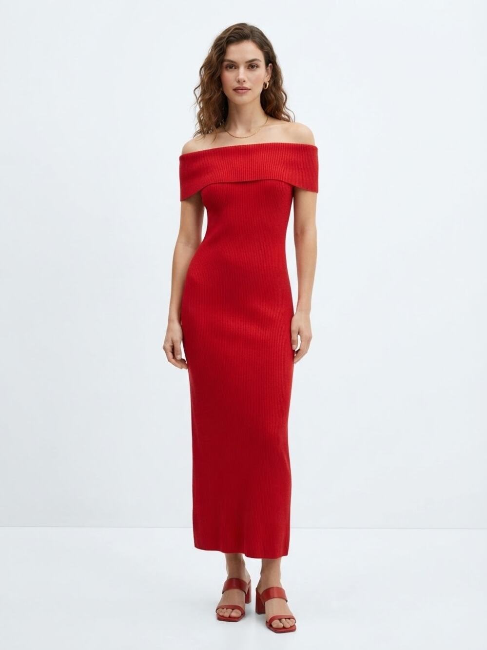 MAJORELLE Red Ribbed Knit Off The Shoulder Foldover Midi Dress XS Romantic Chic